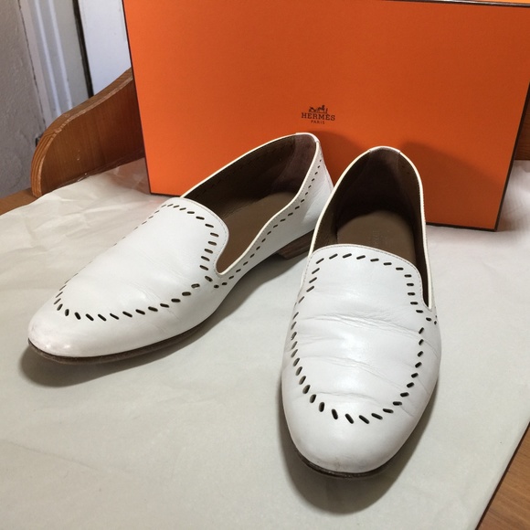 HERMES WHITE LEATHER LOAFERS PERFOR 36-6 flats slides sandals slip on pumps mule - Picture 4 of 7